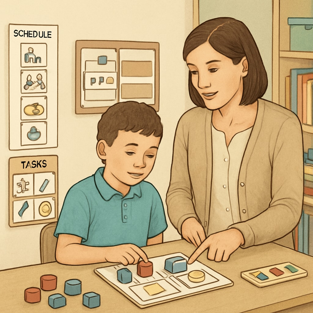 A teacher assistant guiding a student with autism through a classroom activity, focusing on structured learning tools. Teacher assistant helping a student with autism in a structured classroom setting.