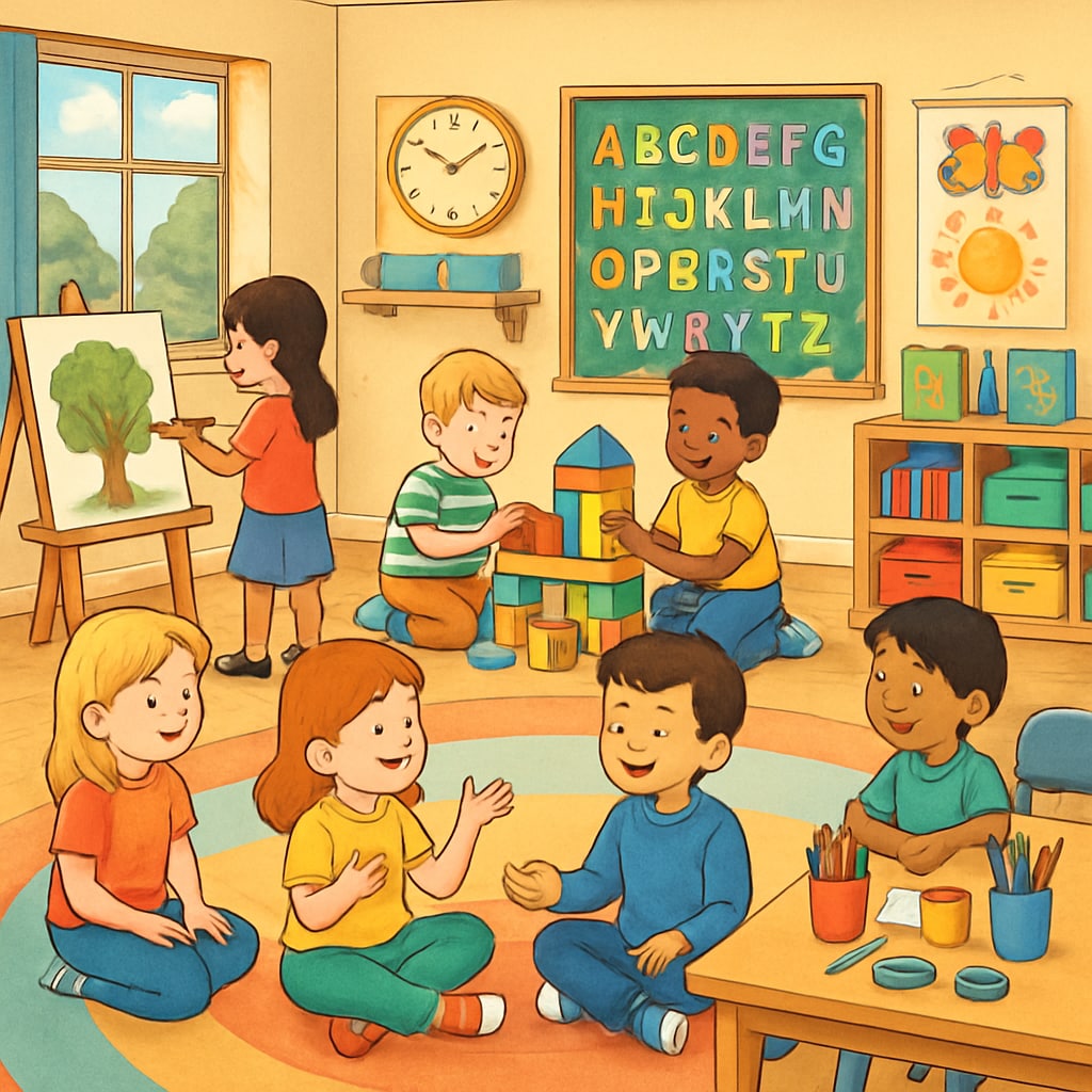 A colorful classroom filled with children engaging in creative activities such as painting, building blocks, and storytelling in groups. Creative classroom for four-year-olds with activities fostering imagination and learning.