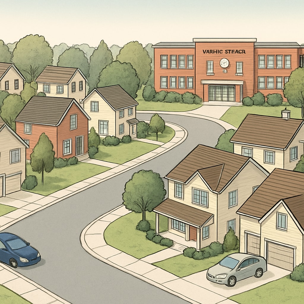 A suburban neighborhood with homes situated near a top-rated public school. A neighborhood near a top-rated school highlighting the relationship between school districts and real estate value.