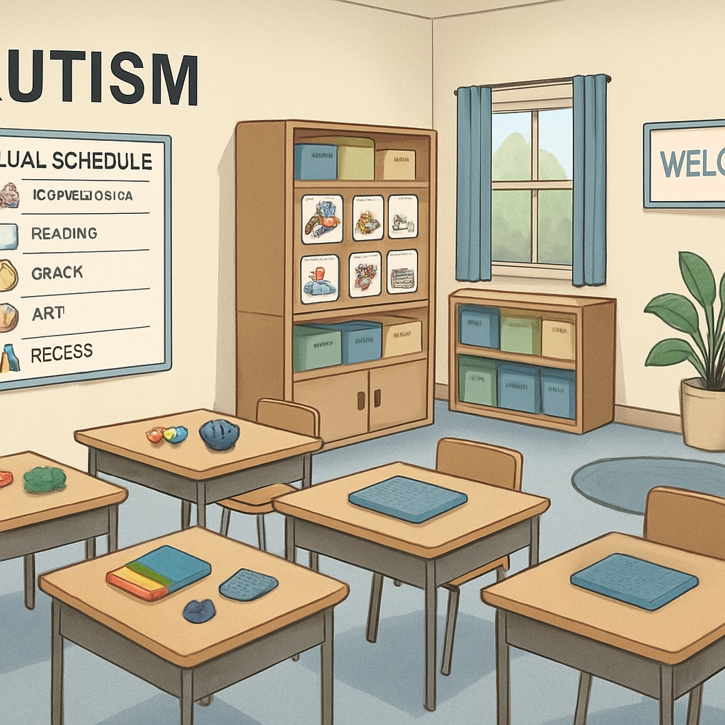 A classroom with visual schedules and sensory tools, designed to support students with autism. A sensory-friendly classroom featuring visual aids and tools for students with autism.