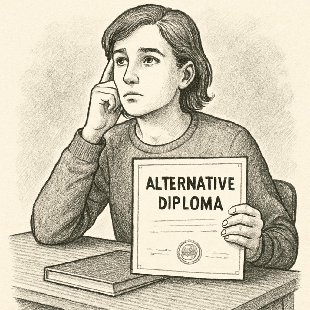 A student holding an alternative diploma, looking contemplative about their future options. A student holding an alternative diploma, reflecting on their future opportunities.