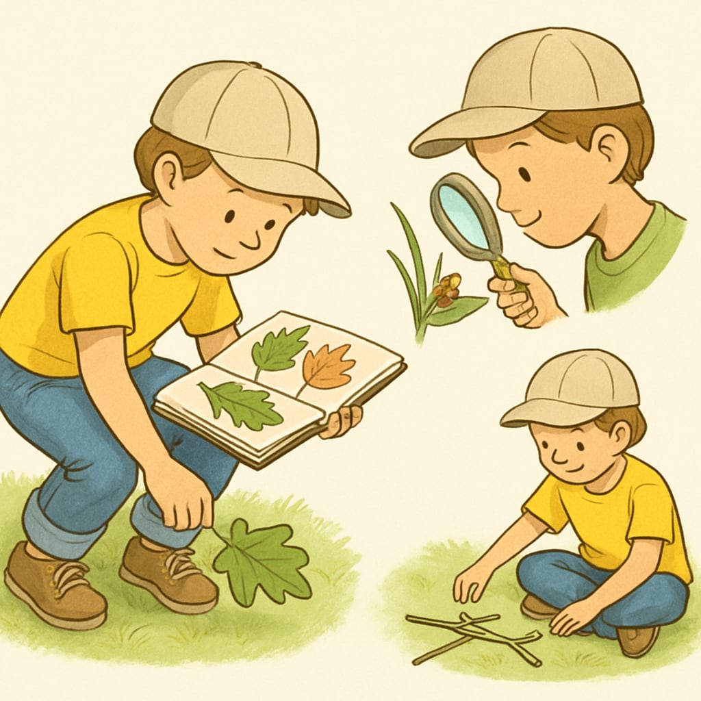 A child outdoors exploring nature, engaging in hands-on activities like collecting leaves, observing insects, or playing creatively with natural objects. Outdoor learning for creative four-year-olds, encouraging exploration and hands-on activities.