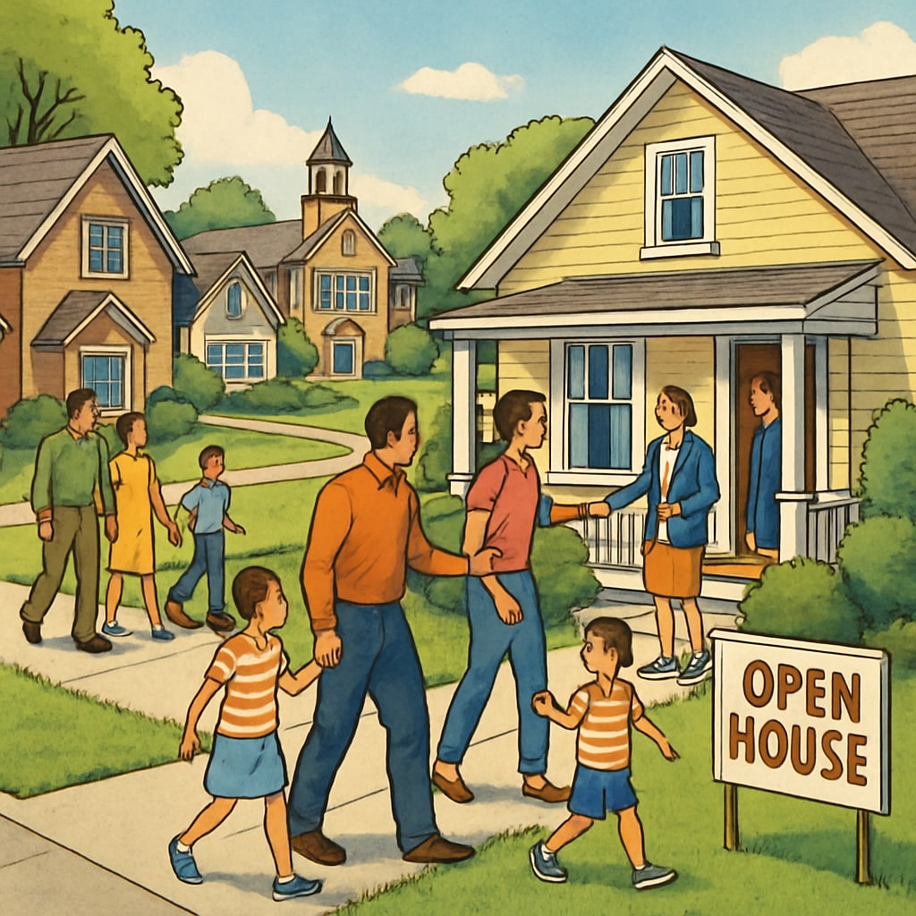 Families visiting open houses in a neighborhood known for its excellent school district. Families exploring homes in a top school district, symbolizing the education-real estate link.