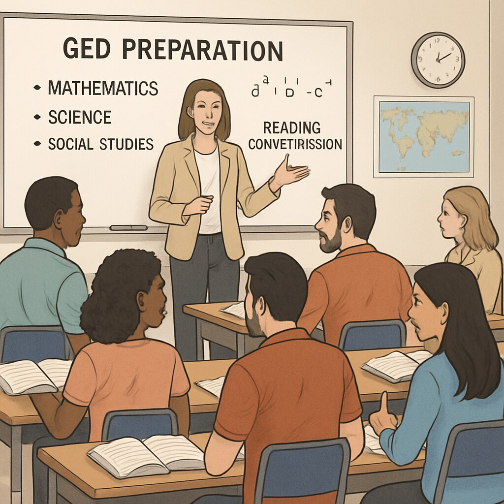 A classroom setting where adults are attending a GED preparation course. Adults in a classroom preparing for their GED exams.