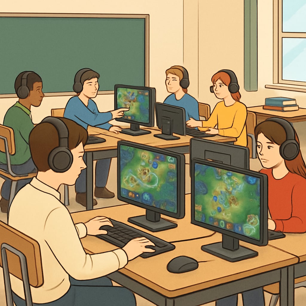 A classroom with students using computers for esports activities, showcasing the integration of gaming in education. Students participating in an esports-based class, blending gaming and learning.