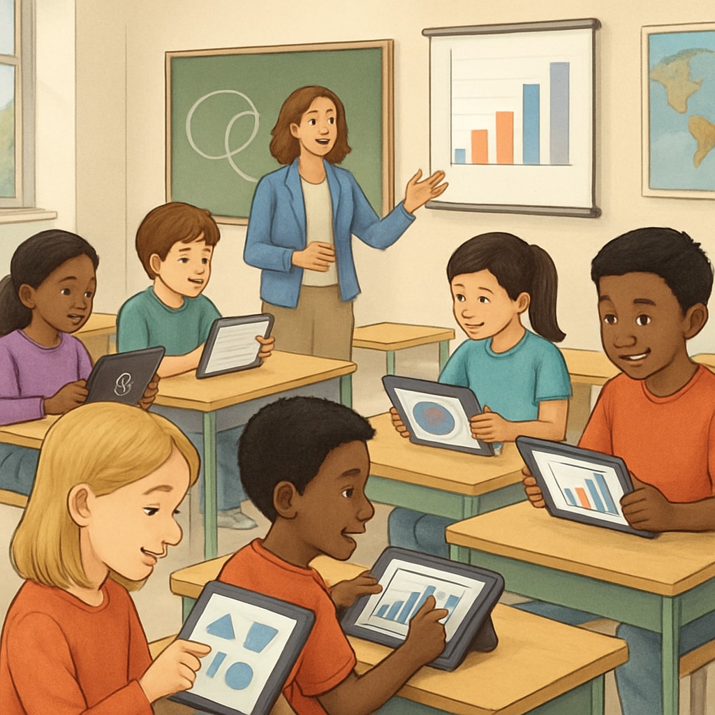 A classroom setting with students using tablets for interactive learning. The image demonstrates the importance of technology in addressing diverse learning styles. Students using tablets for learning, showcasing educational tools and technology.