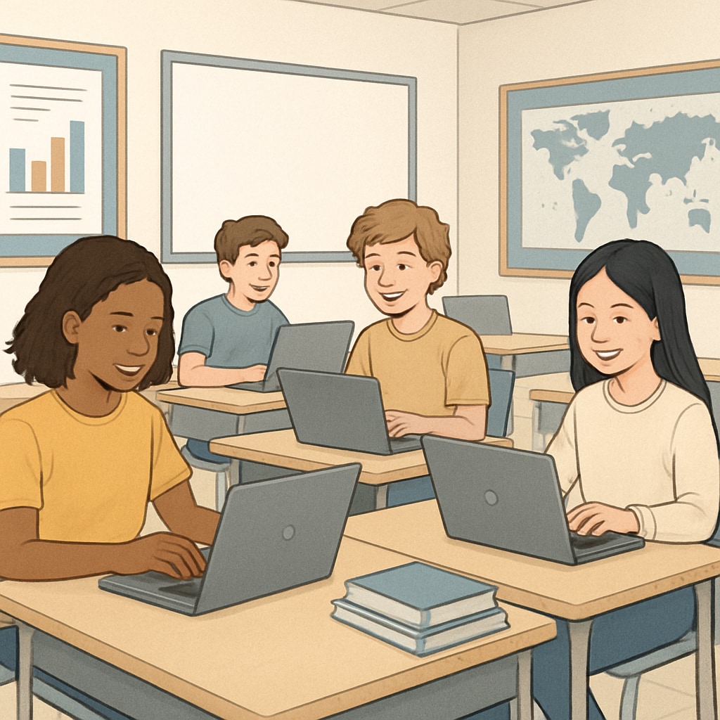 A group of students using laptops in a classroom setting, emphasizing the role of digital learning in K12 education. Students using laptops in a classroom, illustrating digital learning and content access.