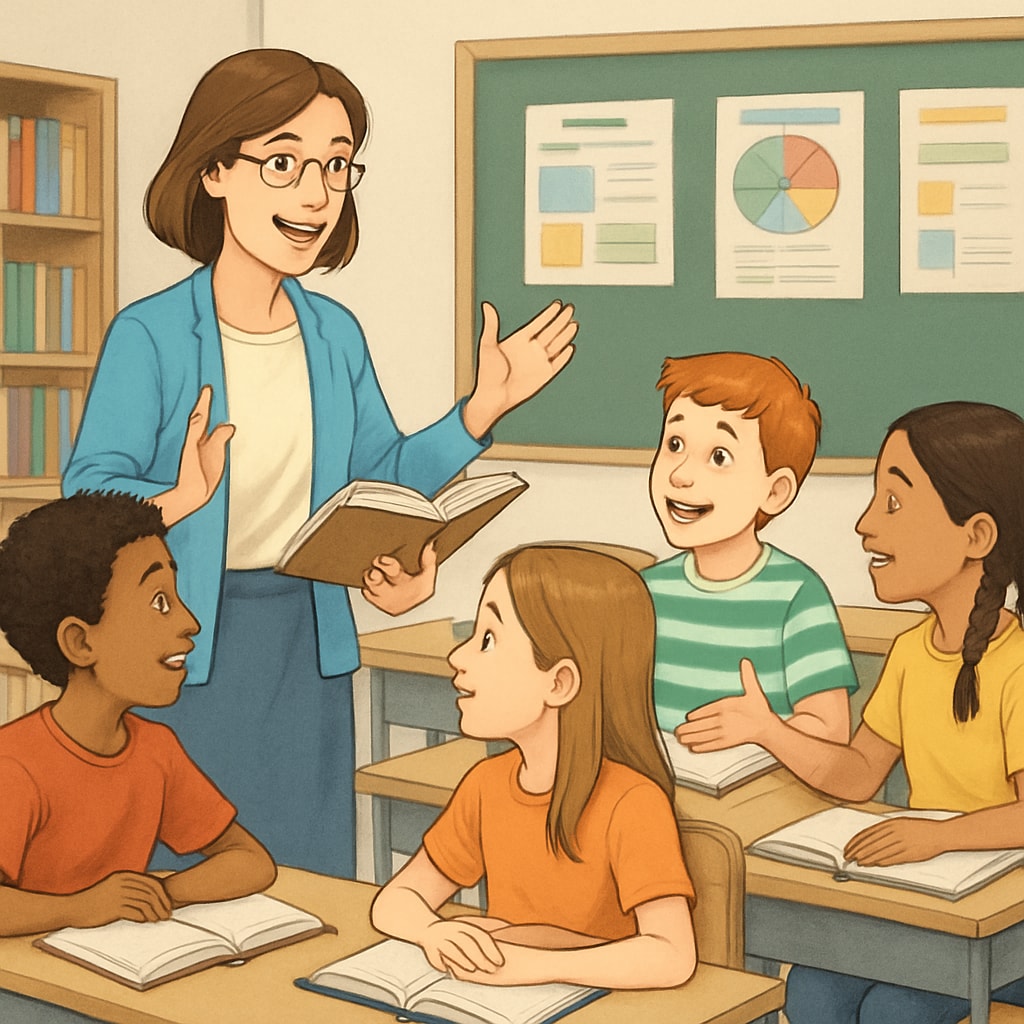 A teacher and a group of fifth-grade students engaged in a lively discussion about a book in a classroom setting. Fifth-grade ELA classroom discussion about a book.