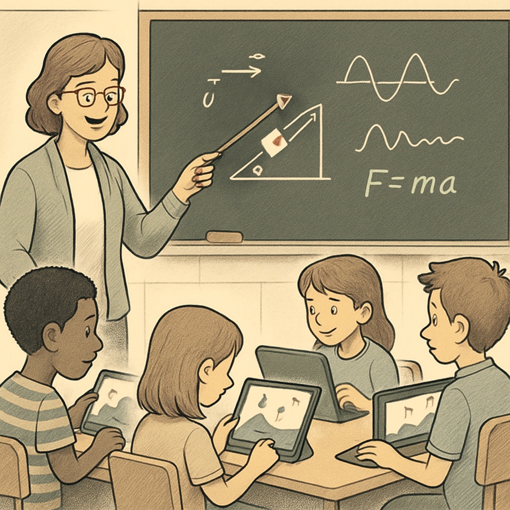 A teacher guiding students through a game-based physics lesson, highlighting the connection between STEM and gaming. A teacher explaining physics concepts using a game-based learning approach.