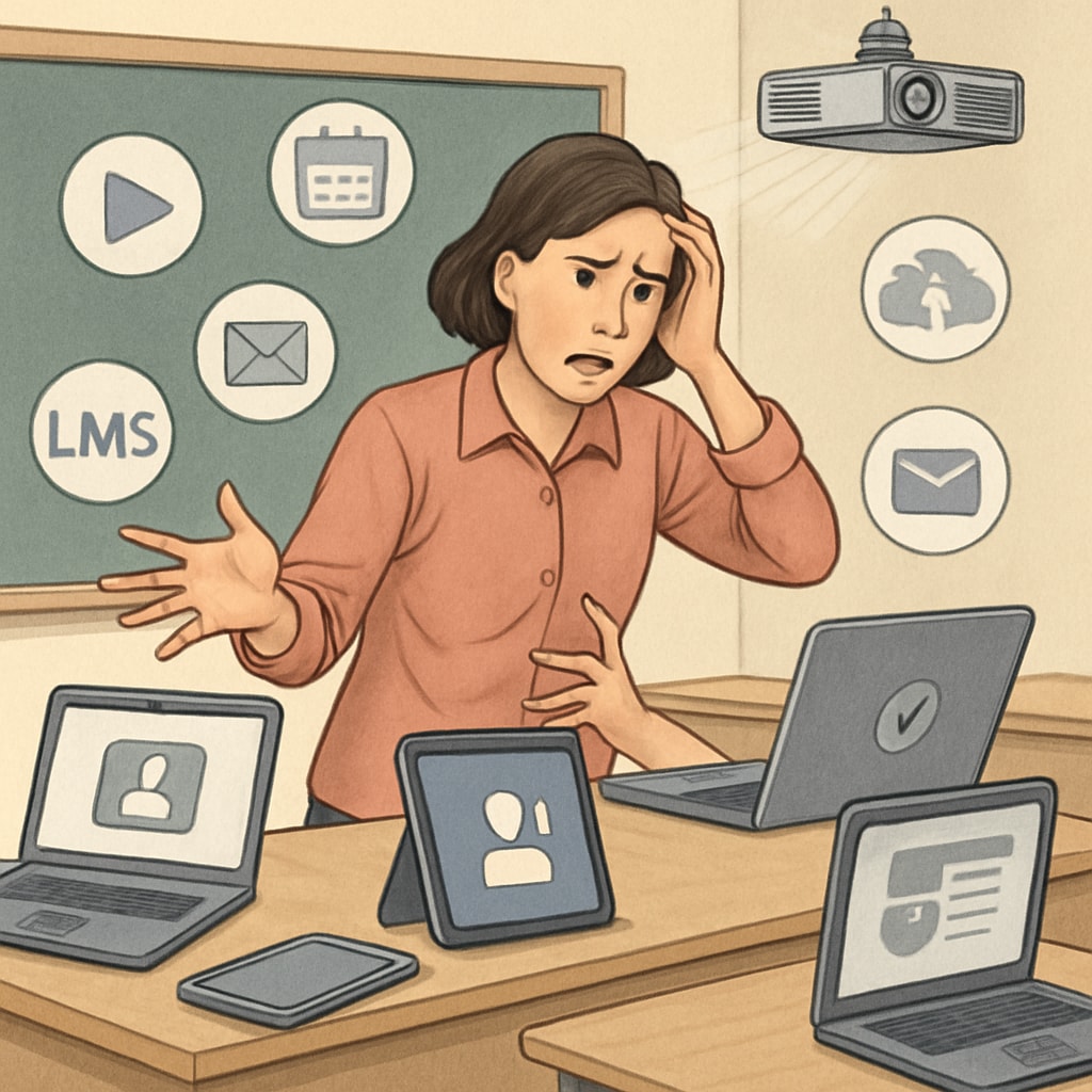 A teacher struggling with multiple devices and software platforms during class. The image highlights the inefficiency of fragmented tools in education. Teacher managing multiple educational tools, illustrating workflow challenges.