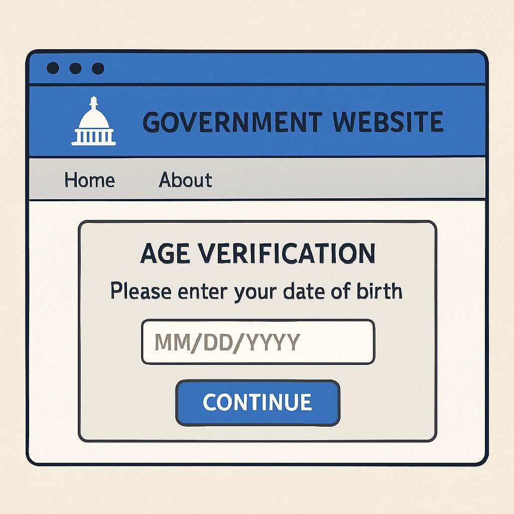 A government website interface displaying an age verification prompt, showcasing how digital compliance impacts content access. Age verification prompt on a government website, emphasizing website responsibility under new laws.