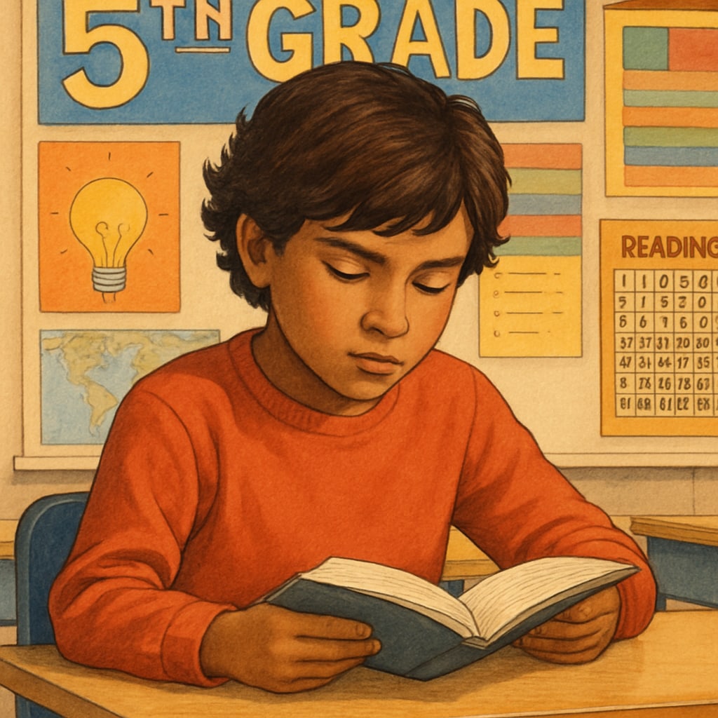 A close-up of a fifth-grade student deeply engrossed in a book, surrounded by colorful classroom decorations. Fifth-grade student reading a book in an engaging classroom setting.