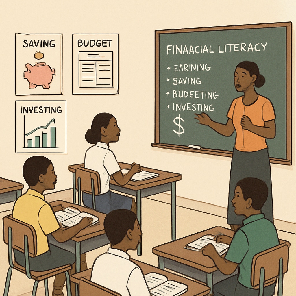 A classroom in a developing country where students are learning about financial literacy. Students in a developing country learning financial education in a classroom setting.