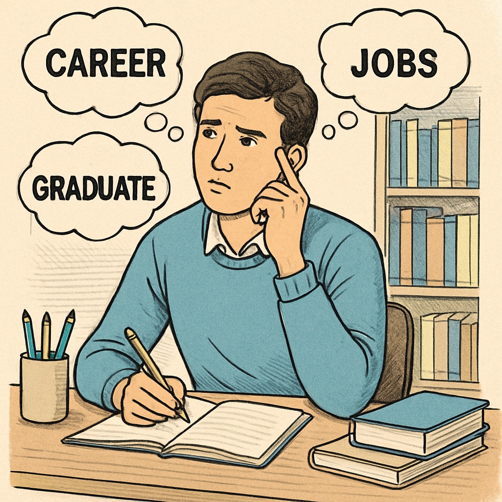 A young adult sitting at a desk with a notebook, contemplating their career options after leaving university. A person reflecting on career planning and major selection after university.
