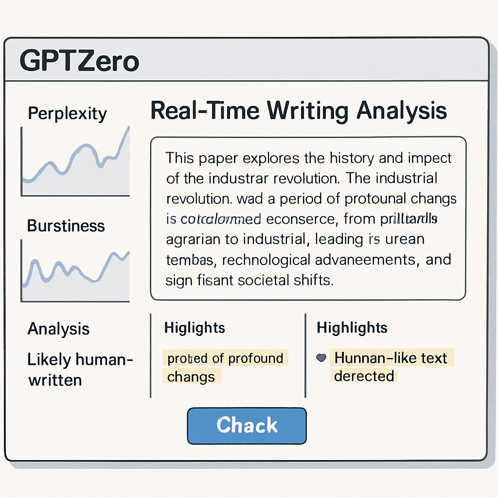 A screenshot of GPTZero's interface showing real-time writing analysis designed for educators. GPTZero interface highlighting writing monitoring and plagiarism detection features.