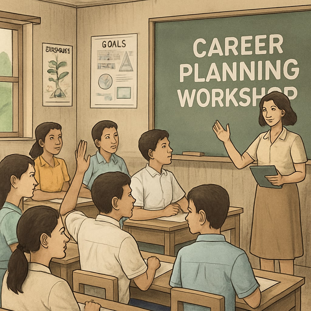 A group of students engaging in a career planning workshop in a rural school. Students participating in a career planning workshop in a developing country.