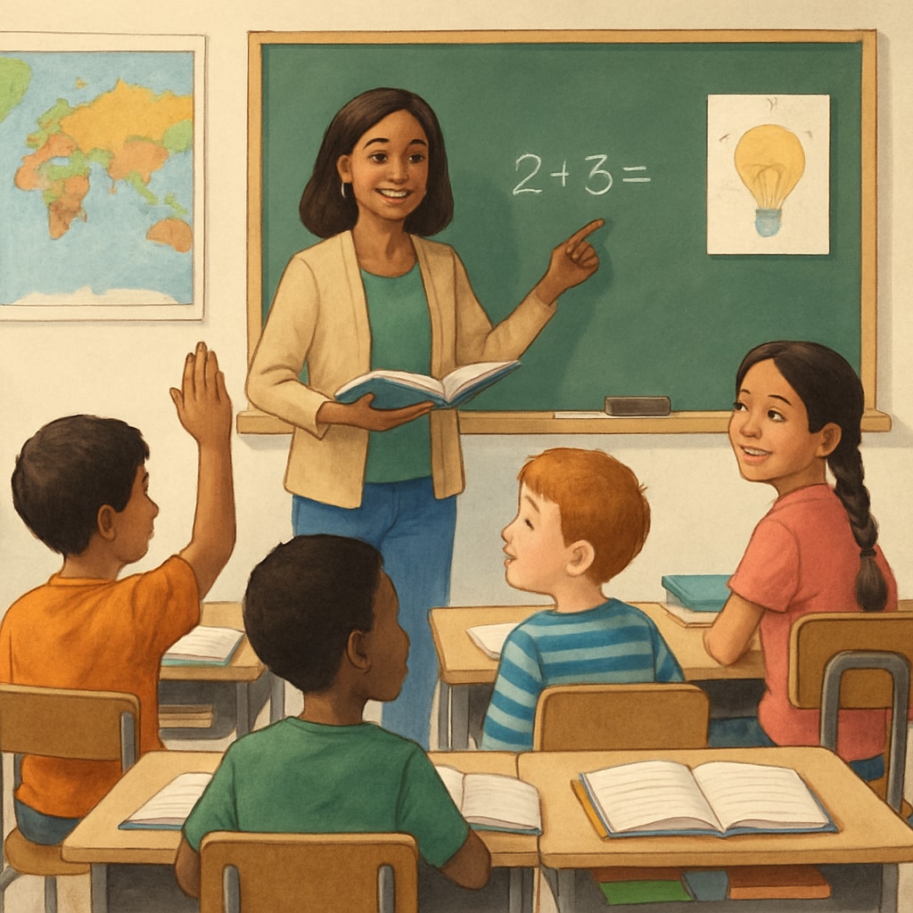 A classroom with students and a teacher, representing public education in a diverse community. Public school classroom with students and a teacher, symbolizing public education funding.