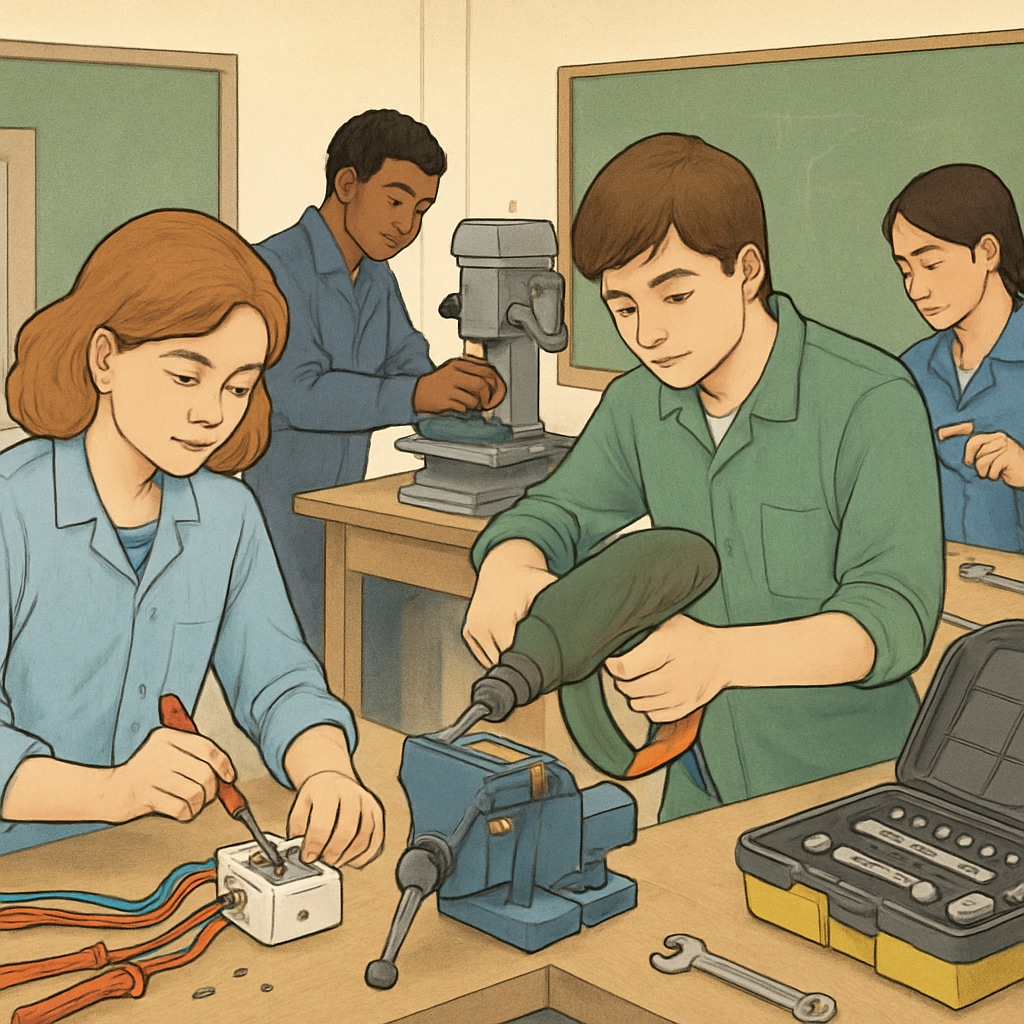 A group of students in a vocational training workshop, learning practical skills for their careers. Students exploring alternative education paths like vocational training.