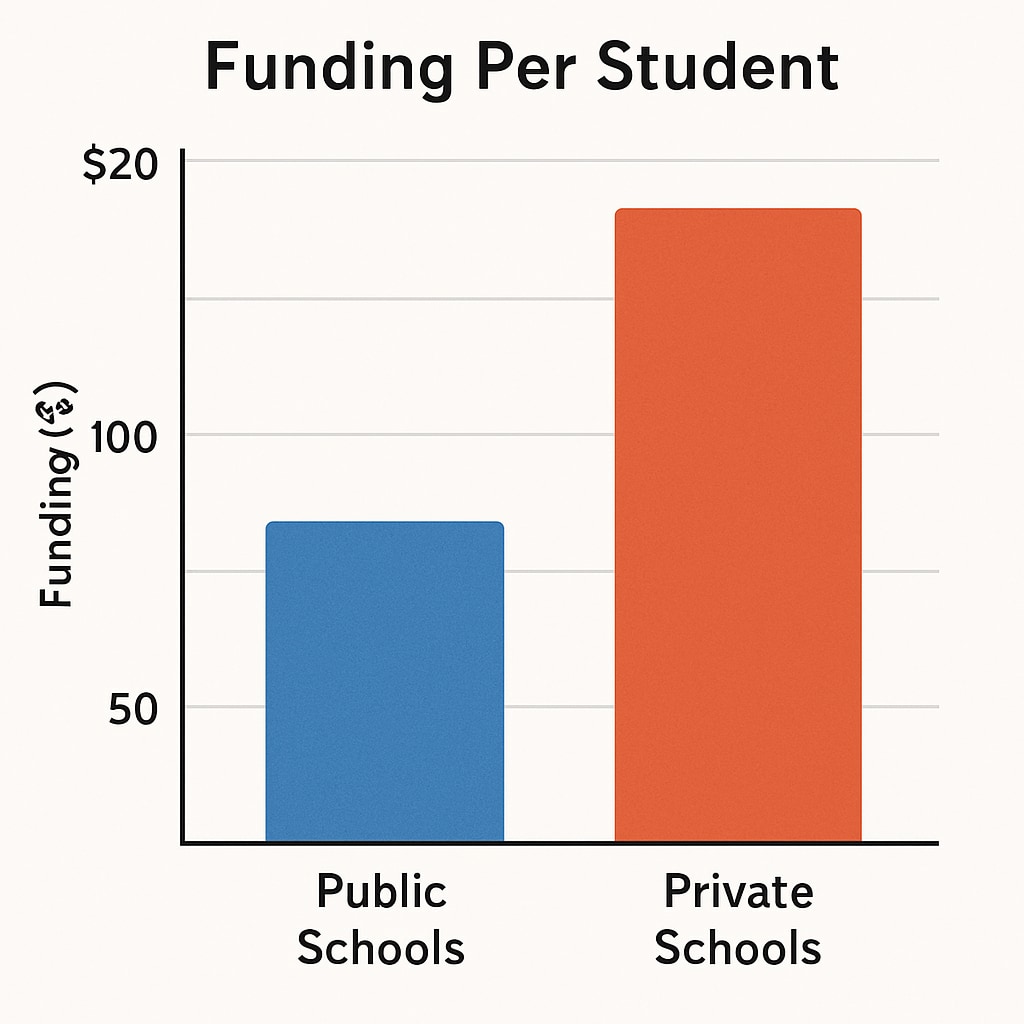 A bar graph comparing funding per student in public schools versus private schools, highlighting disparities. Comparison of per-student funding between public and private schools, illustrating budget challenges.