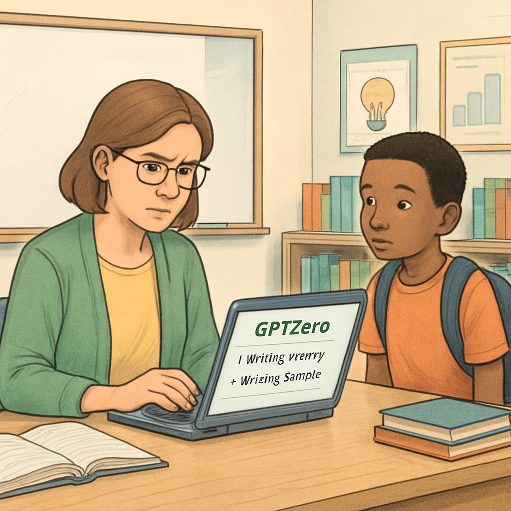 A classroom setting where a teacher is using GPTZero on a laptop to review a student’s writing history. Teacher using GPTZero to analyze a student’s writing process in a classroom setting.