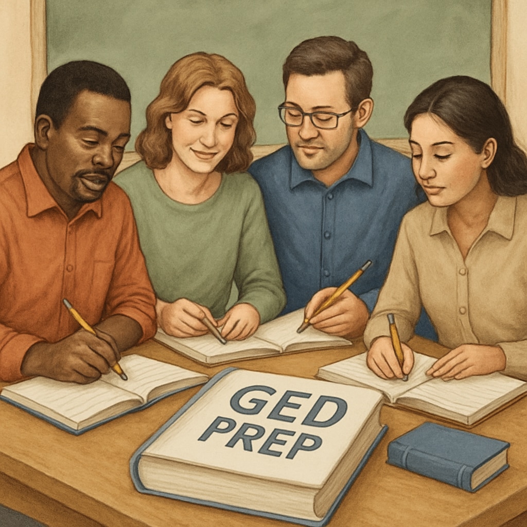 Adult learners focused on GED study materials.