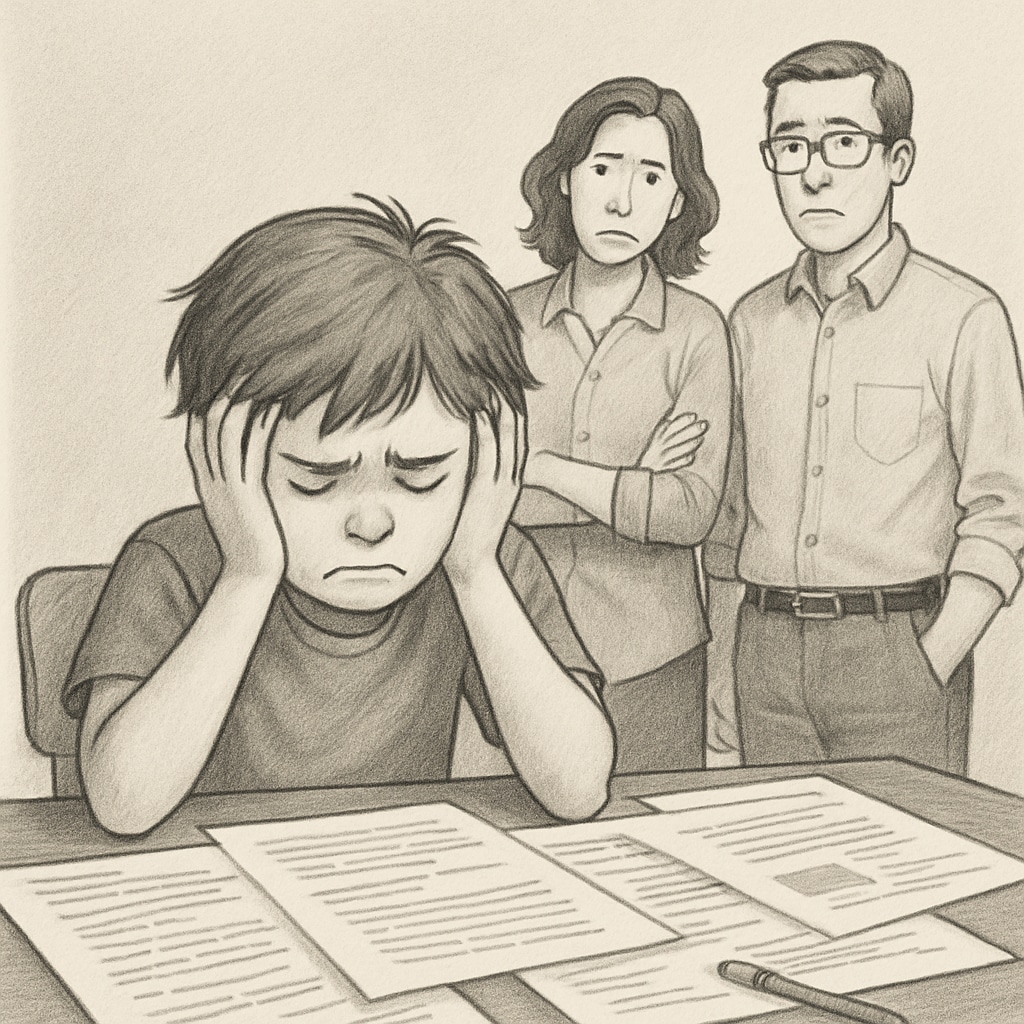 A stressed young child sitting at a desk with academic papers; parents observing in the background. A stressed first-grade student facing academic pressure related to college applications.