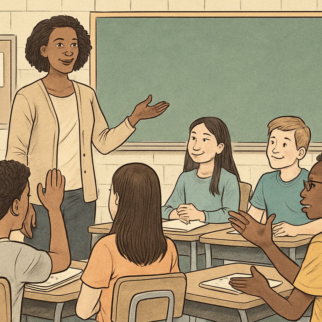 A teacher standing in front of a classroom with diverse students, symbolizing inclusivity and open dialogue. The image reflects the importance of diversity in education and neutrality in political discussions. A teacher in a classroom with diverse students discussing inclusive and neutral education topics.