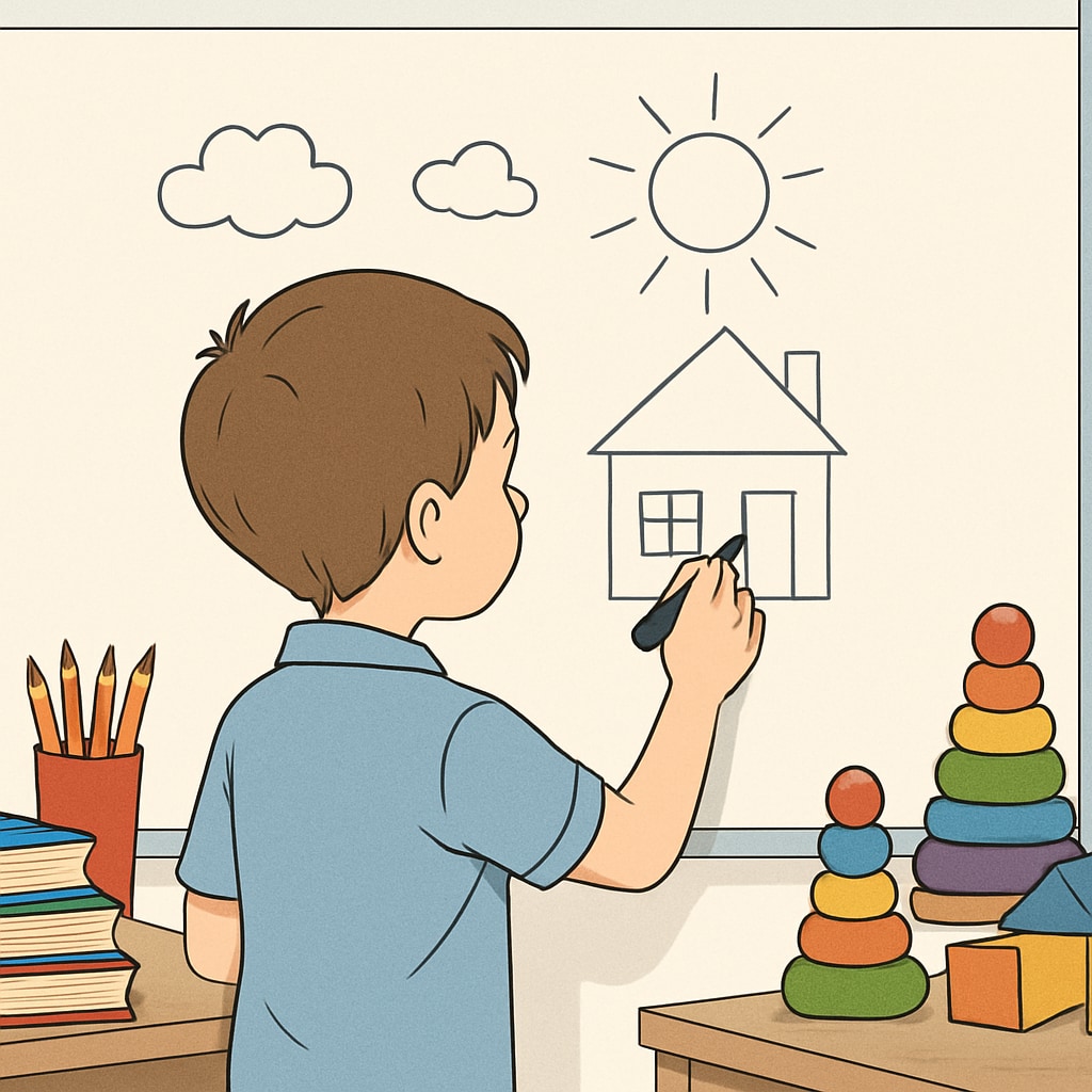A young student drawing on a whiteboard surrounded by books and toys, symbolizing balanced learning. A creative first-grade student engaged in play-based learning without academic pressure.