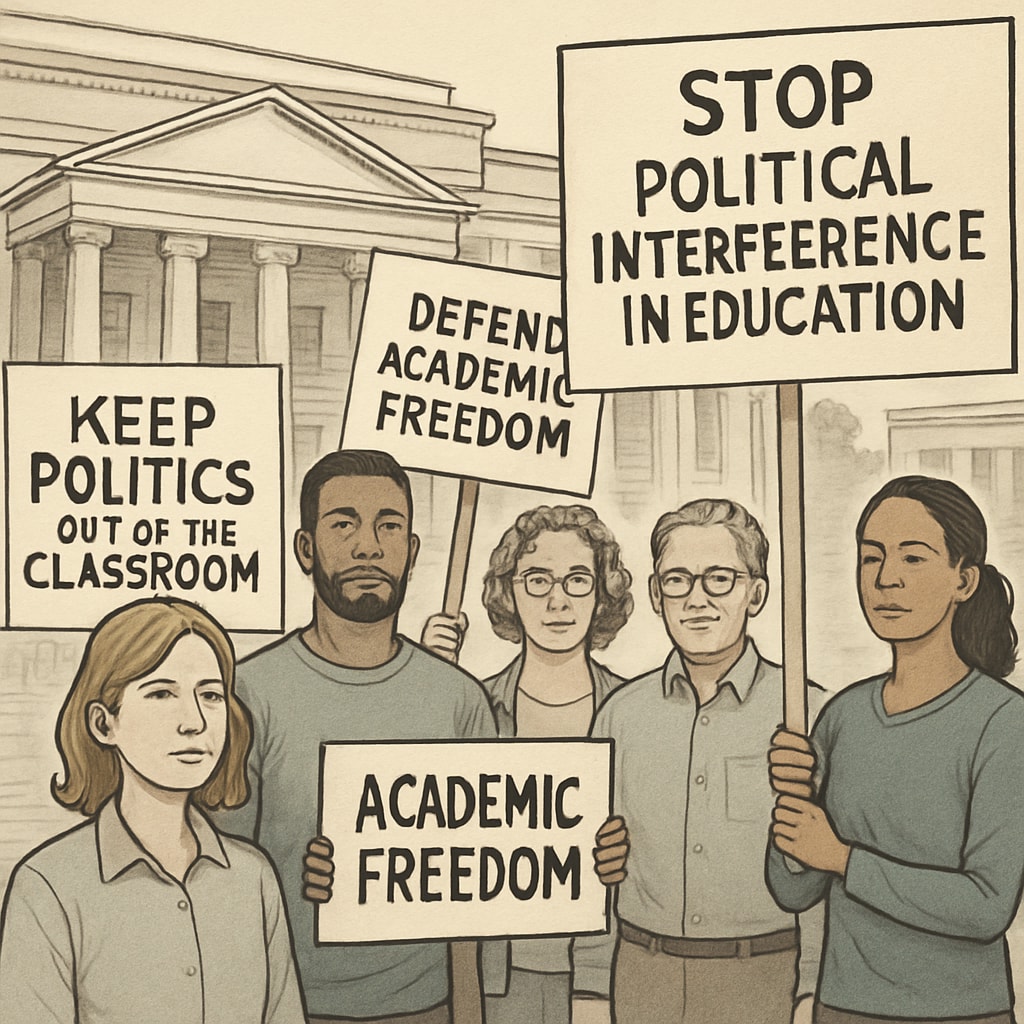 A group of protesters outside a government building, holding signs advocating for academic freedom and against political interference in education. The image illustrates public reaction and the broader societal implications of politicizing education. Protesters advocating for academic freedom and against political interference in education.