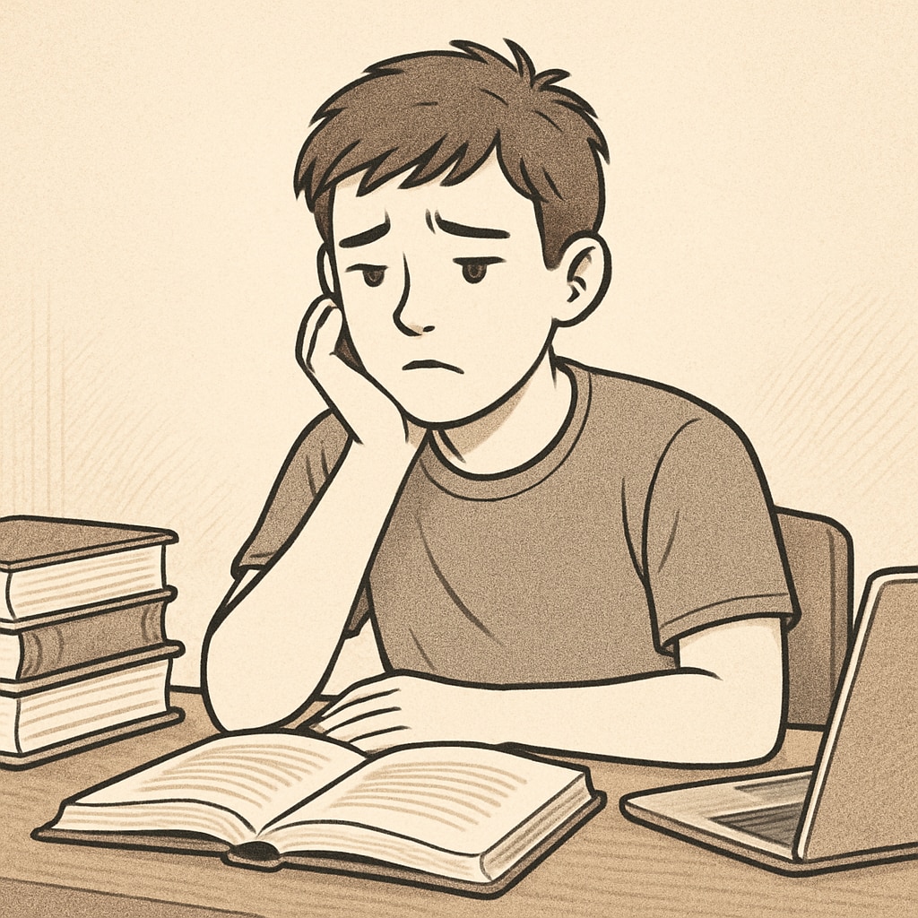 Teenager facing academic challenges with books and laptop.