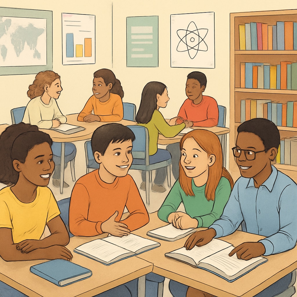 A classroom with diverse students engaged in group discussions, symbolizing inclusive educational environments. Diverse students discussing in an English-speaking classroom, highlighting language transition and education adaptation challenges.