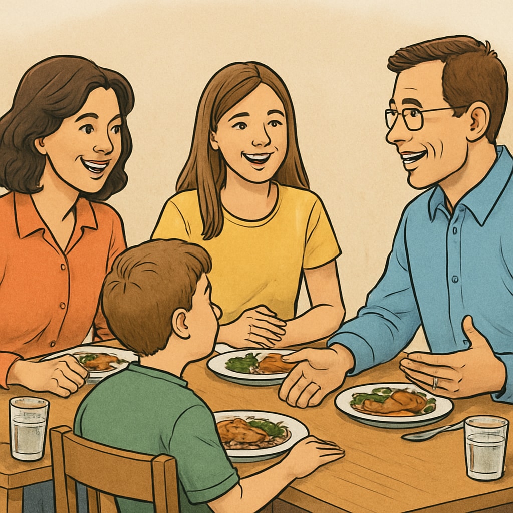 Family discussing openly to support teen development.