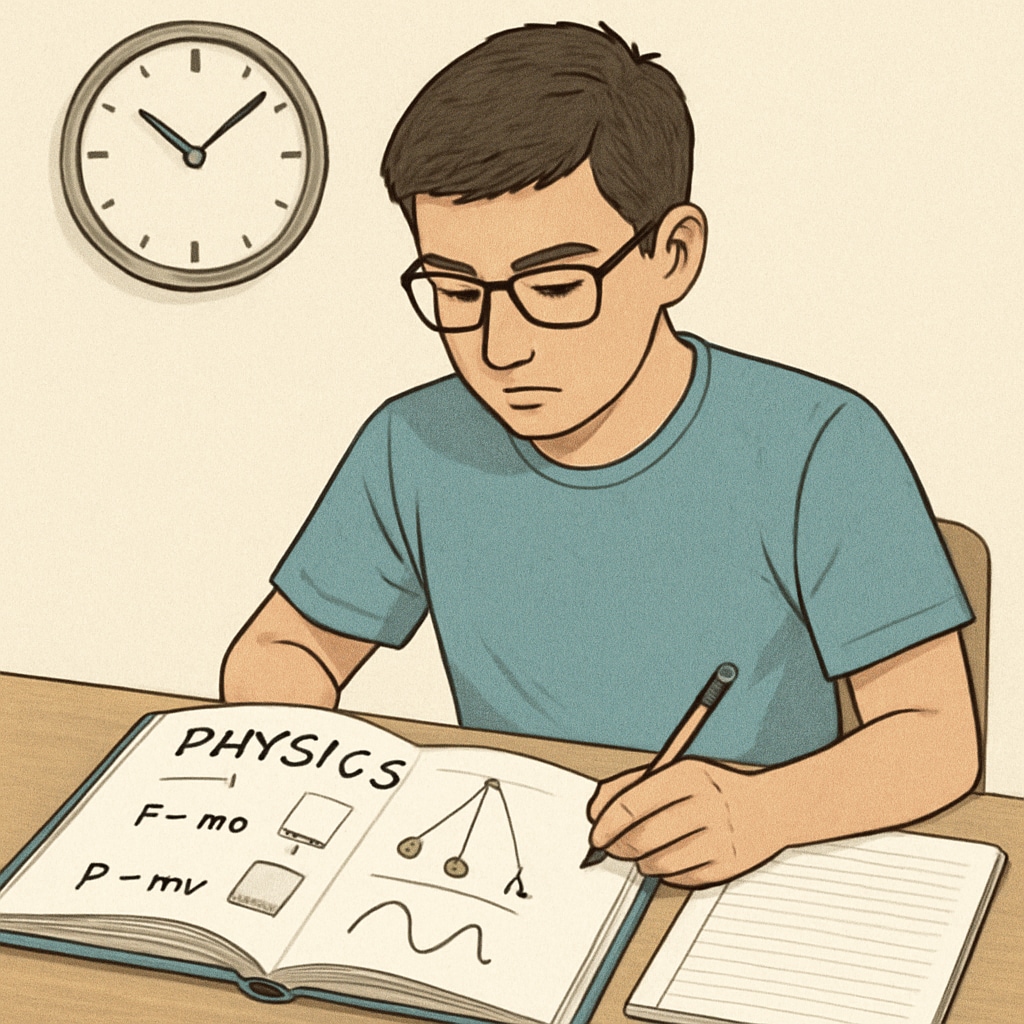 Student studying physics concepts with a clock to emphasize time management.