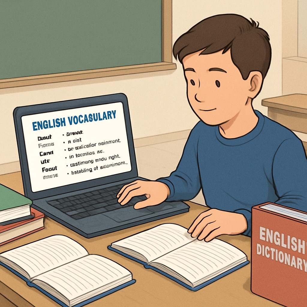 A student using a laptop while studying English vocabulary, representing self-directed learning tools. Student studying English vocabulary with online resources, emphasizing practical strategies for language transition.