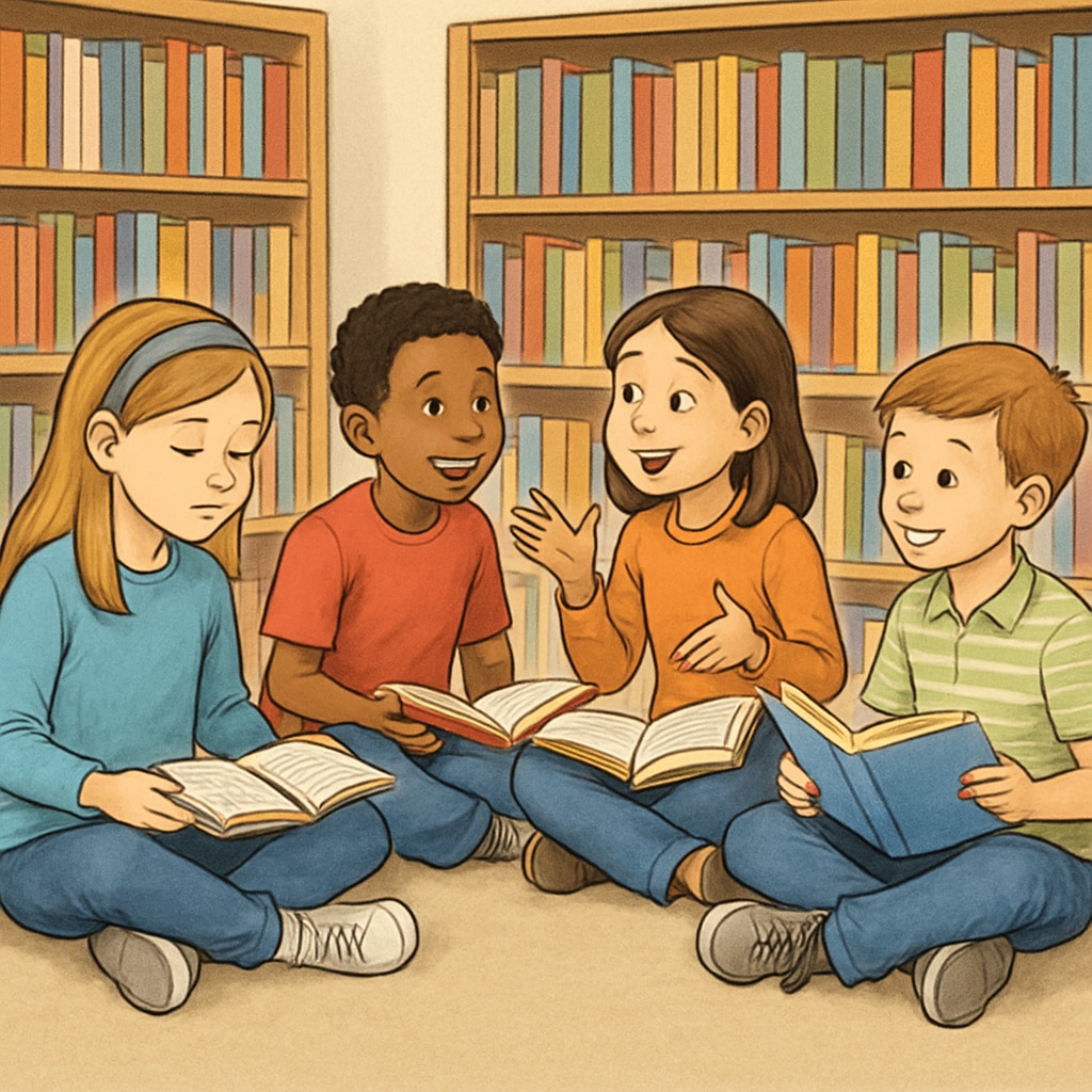 A group of elementary school children sitting in a library, reading books and discussing them together. Children reading books together in a library, fostering reading motivation.