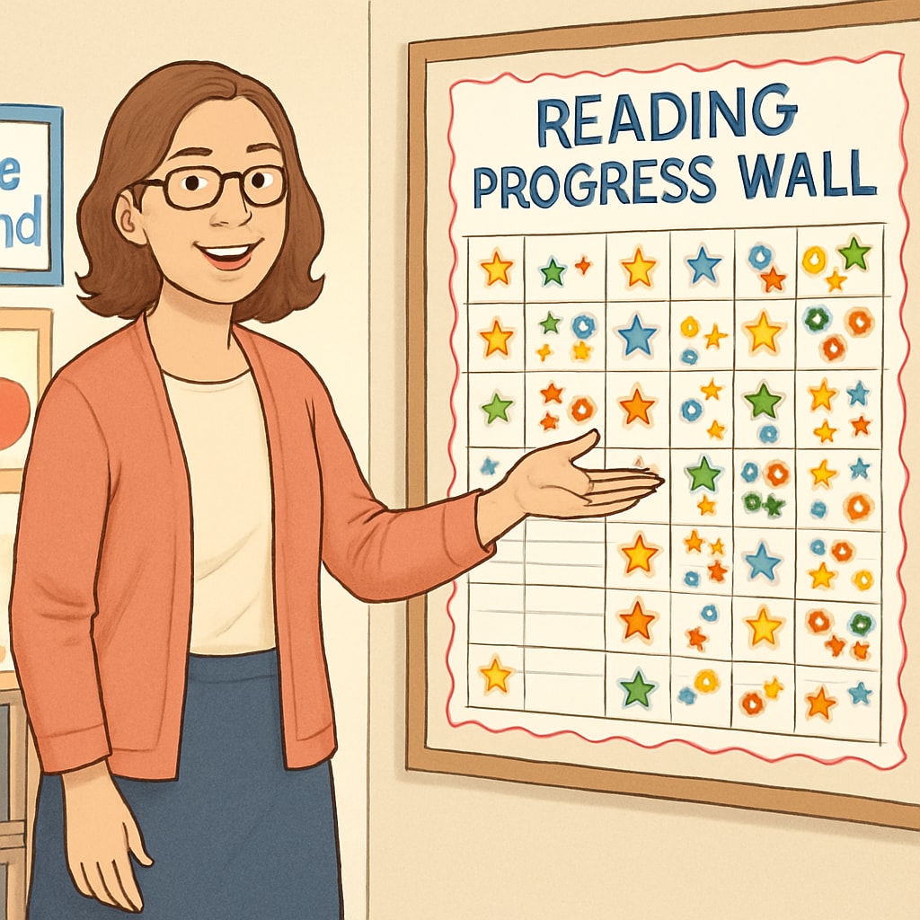 A teacher presenting a handmade “reading progress wall” where students’ achievements are celebrated with stars or stickers. A teacher showcasing a reading progress wall to celebrate student milestones.