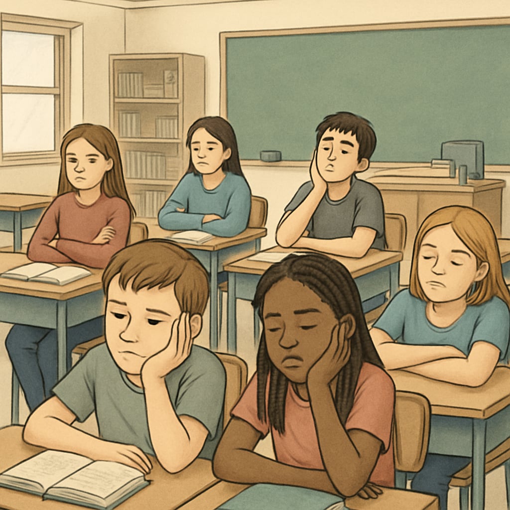A classroom of disengaged students sitting at their desks, looking uninterested. Students showing signs of boredom in a K12 classroom setting.