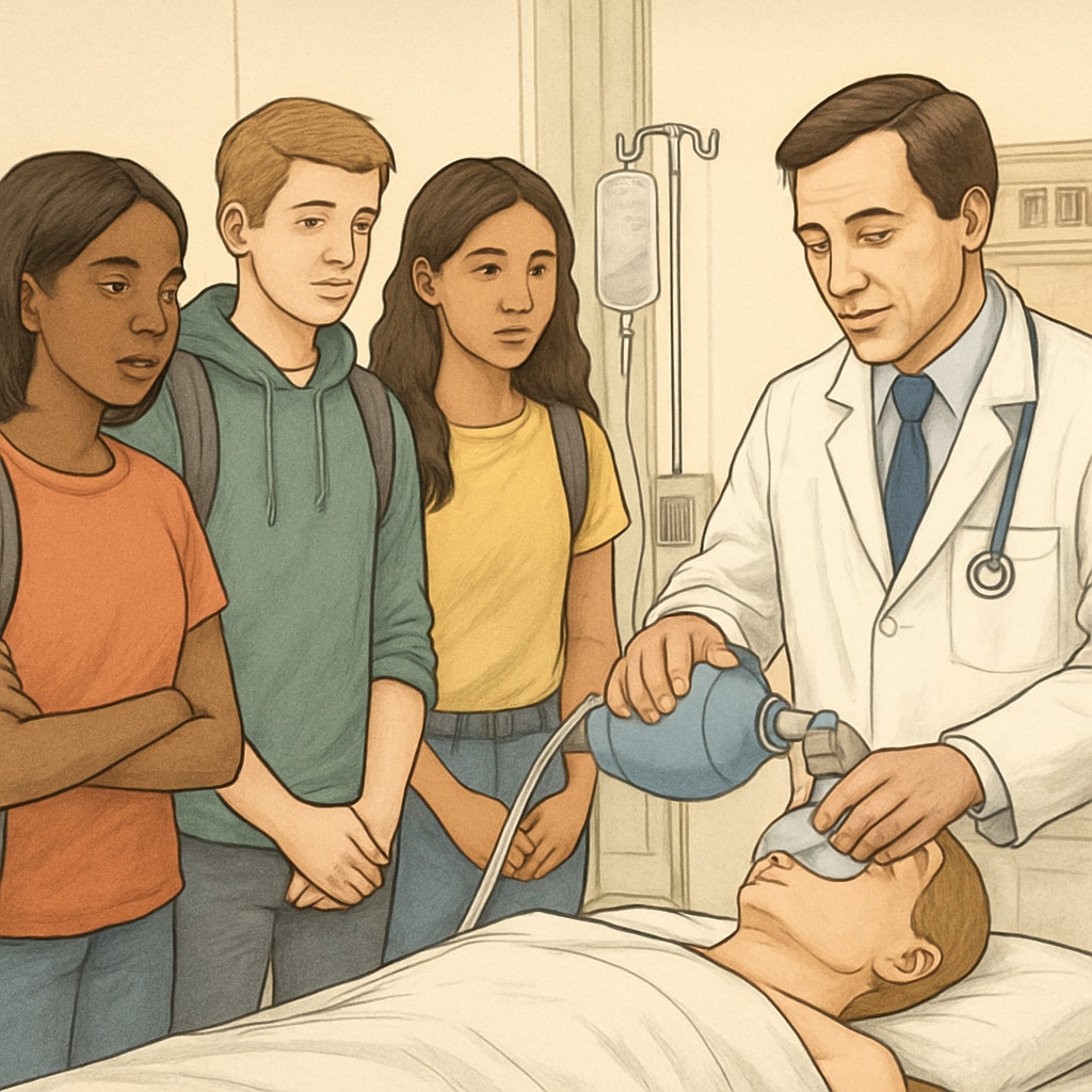 A group of high school students observing a doctor during a hospital visit to learn about healthcare careers. High school students shadowing a doctor as part of a career exploration program.
