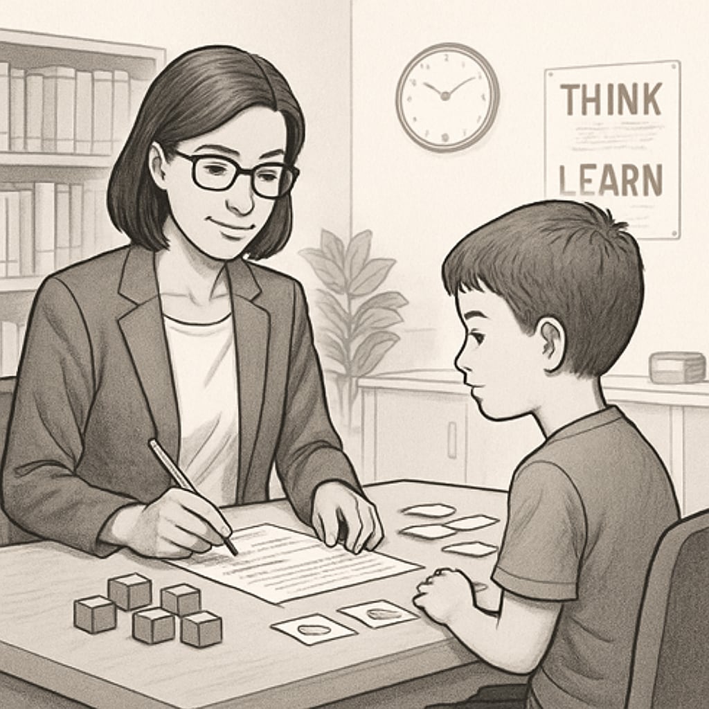 A psychologist conducting a one-on-one intelligence test with a child in a professional setting. Psychologist testing a child’s intelligence in a professional setting