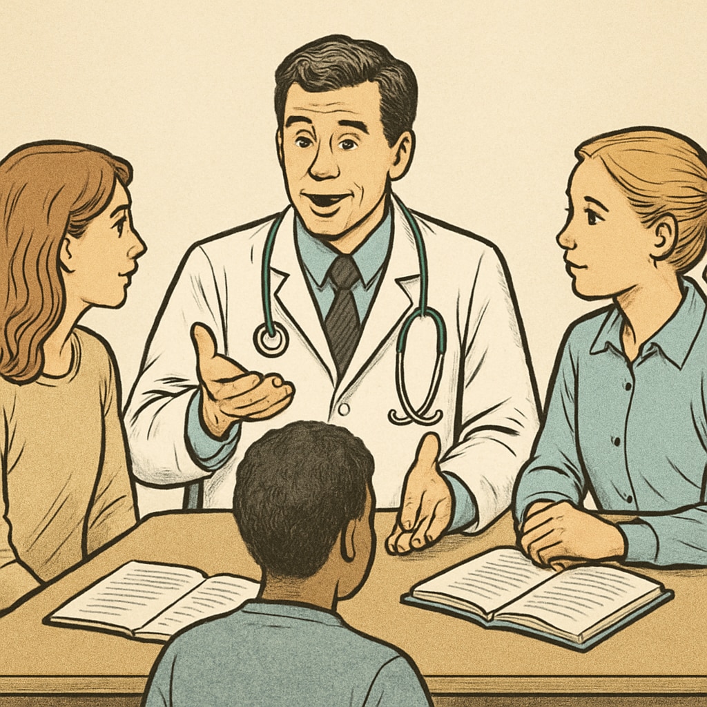 A medical professional sitting with a group of students, answering their career-related questions. Doctor conducting a career counseling session with students as part of a school initiative.