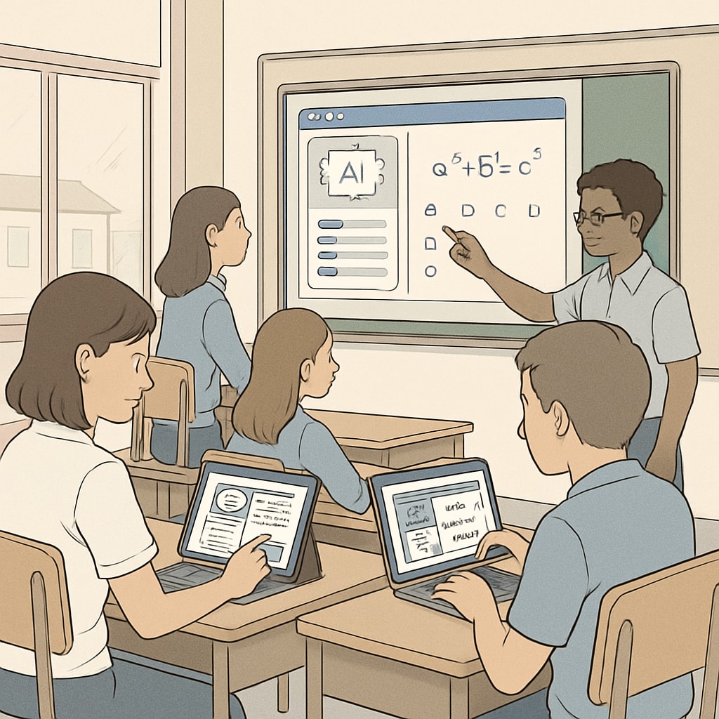 Illustration of AI-powered personalized learning platforms being used in a classroom setting. AI-powered personalized learning platforms in K12 classrooms.