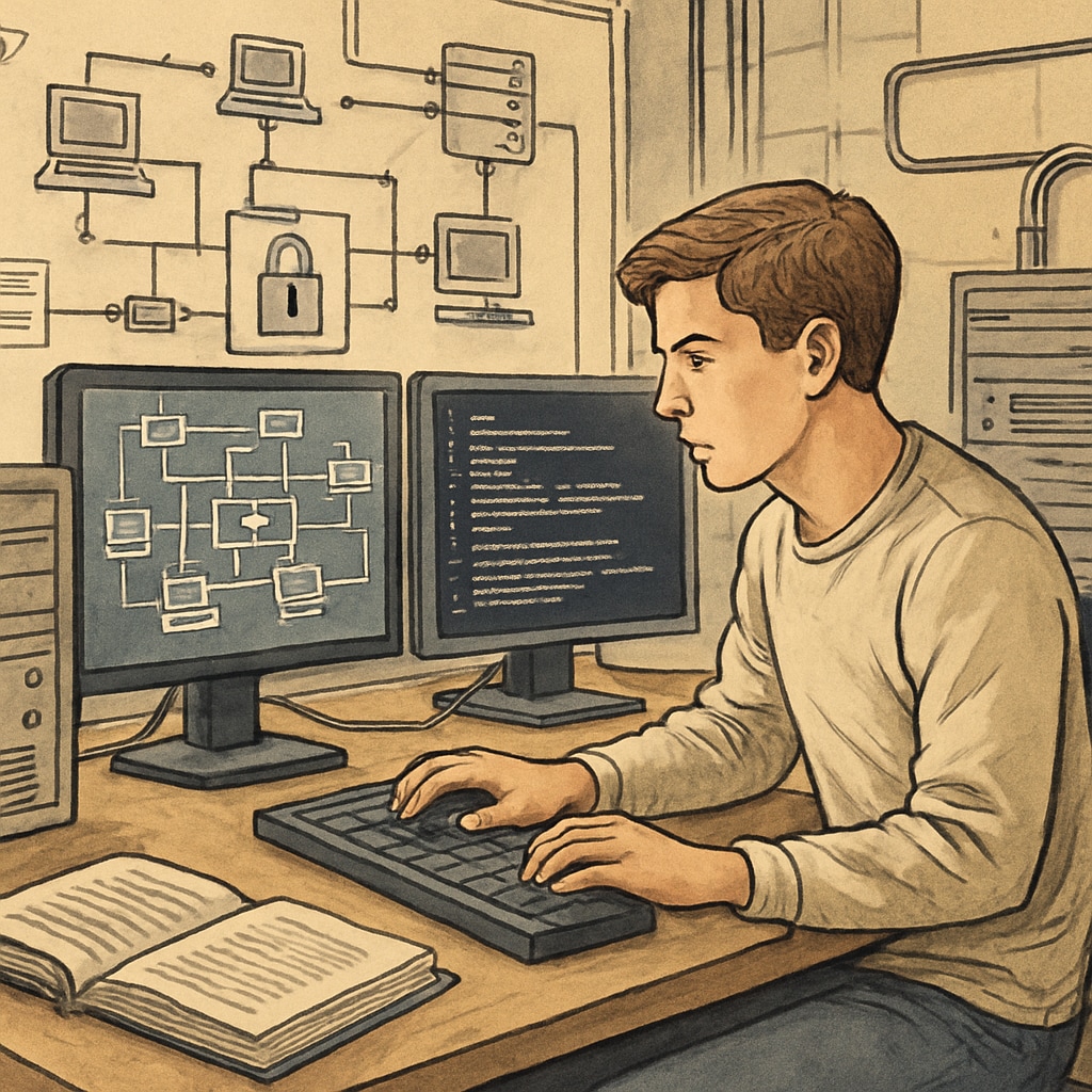 A student working on a cybersecurity project in a university lab, symbolizing hands-on learning in network security. A student in a university lab working on a cybersecurity project, showcasing hands-on learning in network security.