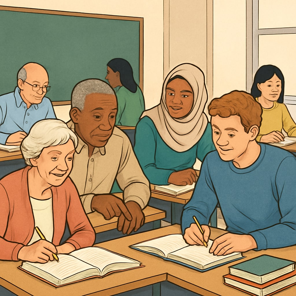 A diverse adult classroom with students of various ages and backgrounds working collaboratively on academic tasks. Diverse adult classroom with students learning basic knowledge for cultural adaptation.