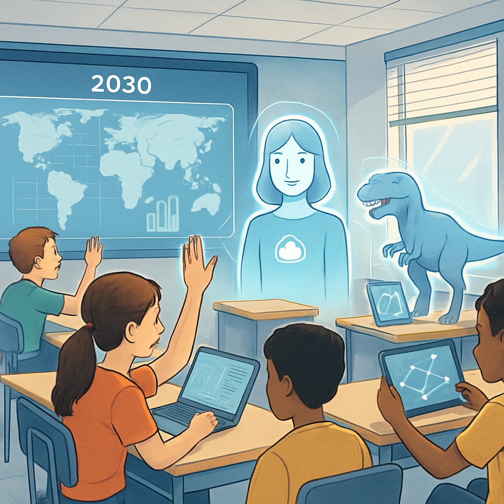 A futuristic classroom in 2030, showcasing AI-powered virtual assistants and immersive learning technologies. AI-powered virtual assistants and immersive technologies in future classrooms.