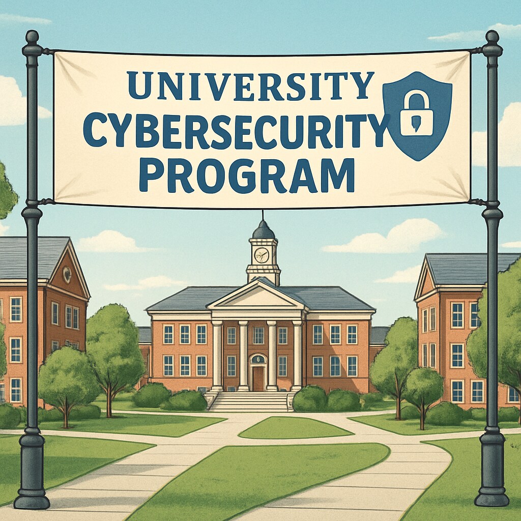 University campus showcasing its cybersecurity program to prospective students.