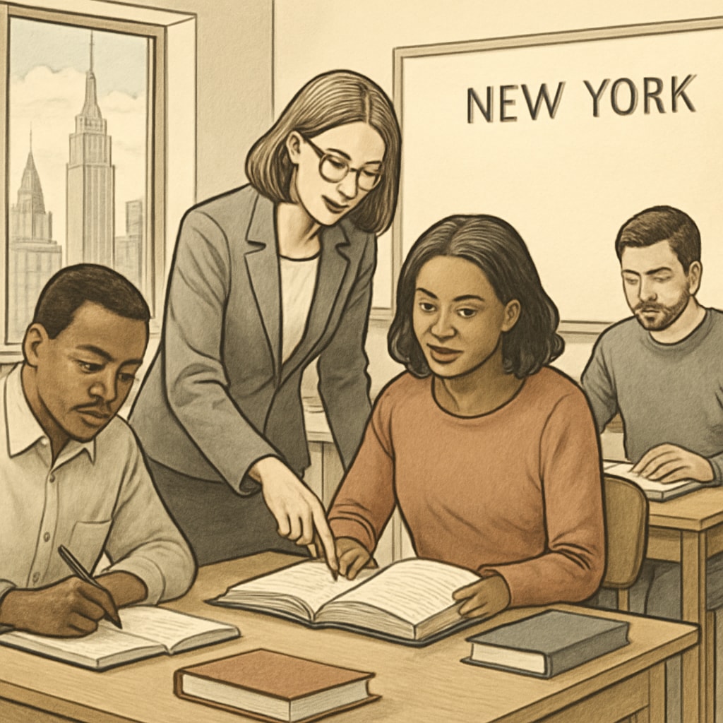 An adult education classroom in New York City, featuring a teacher assisting students with coursework. Adult education classroom in New York City with a teacher and immigrant students.