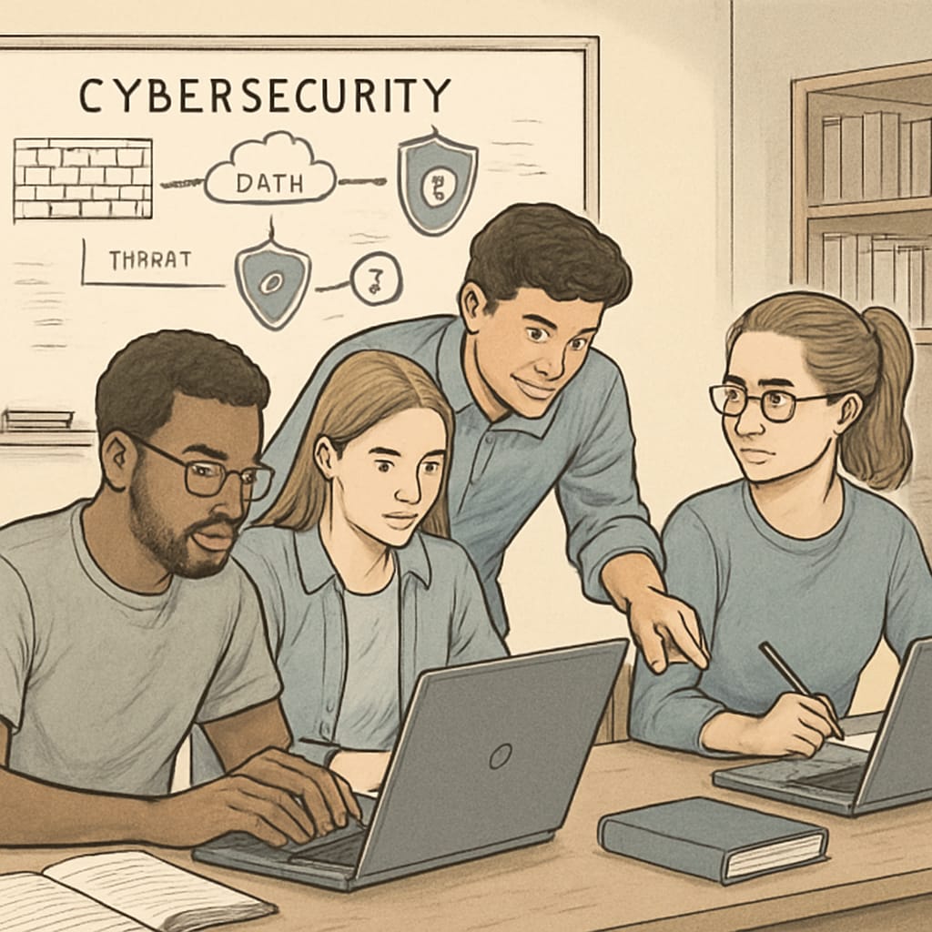 A group of cybersecurity students collaborating during a simulation exercise in a university classroom. Cybersecurity students working together during a simulation exercise in a university classroom.