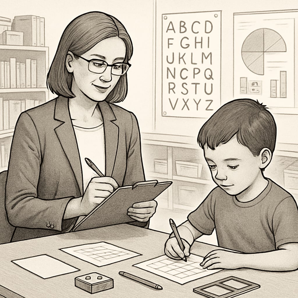 A psychologist administering a standardized test to a young child in a controlled setting. Child intelligence test being administered by a professional.