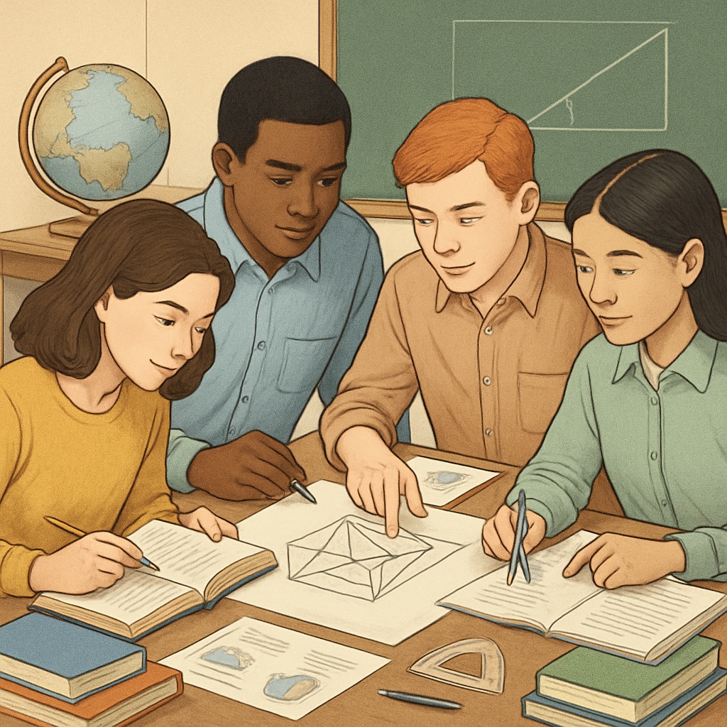 A group of students collaborating on a project, symbolizing multidimensional learning and collaboration. Students working together on a collaborative project, emphasizing holistic learning.