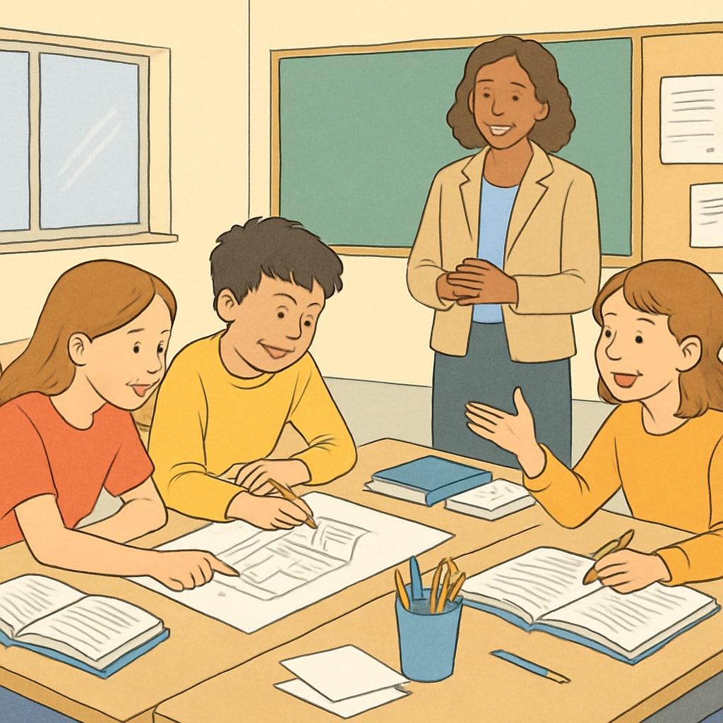 A classroom setting where students work collaboratively on projects, emphasizing engagement and interaction. Students engaged in group activities demonstrating collaboration and active learning, supporting real-time tracking.